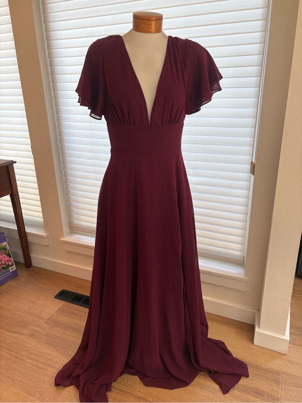 Lulu's Deep Burgundy Flutter-Sleeve V-Neck Maxi Dress